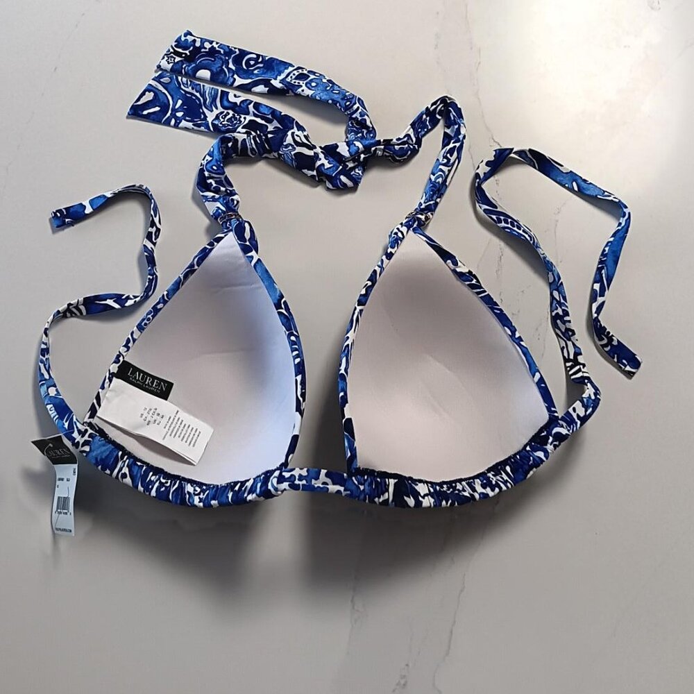 Swim Top LAUREN RALPH LAUREN Halter Tie Triangle Blue and White Sz 12 NEW - Picture 4 of 7